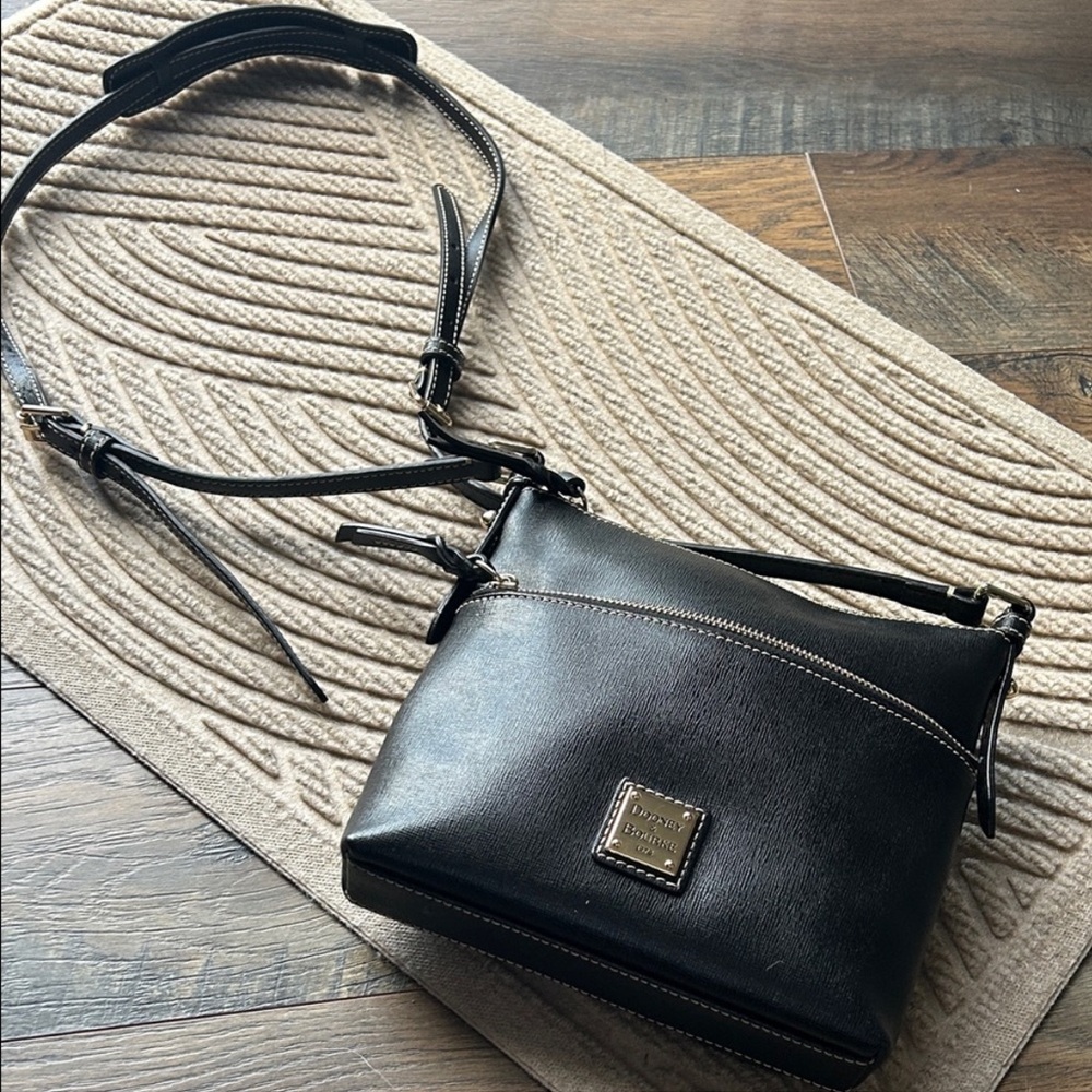 Dooney & Bourke Black Leather Crossbody Purse with Gold Accents